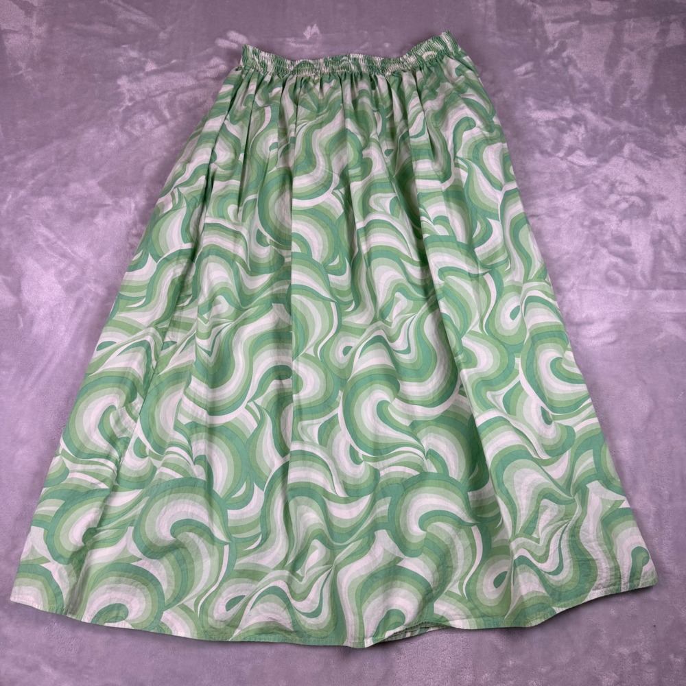 Arket Green Psychedelic Swirl Midi Skirt Elastic Waist Retro 70s Style Size 38